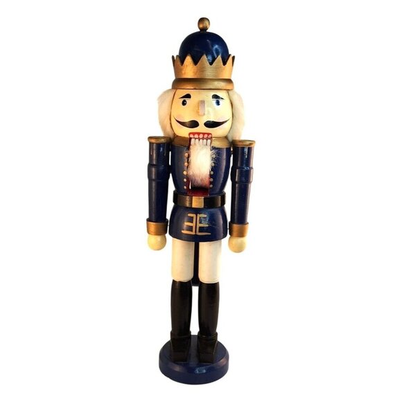 Gottschalks Wooden Blue & Gold Nutcracker King Figurine 20" Tall With Crown - Picture 1 of 13